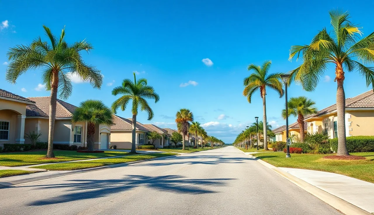 Residential street in Port Malabar Palm Bay Florida with single-family homes and palm trees