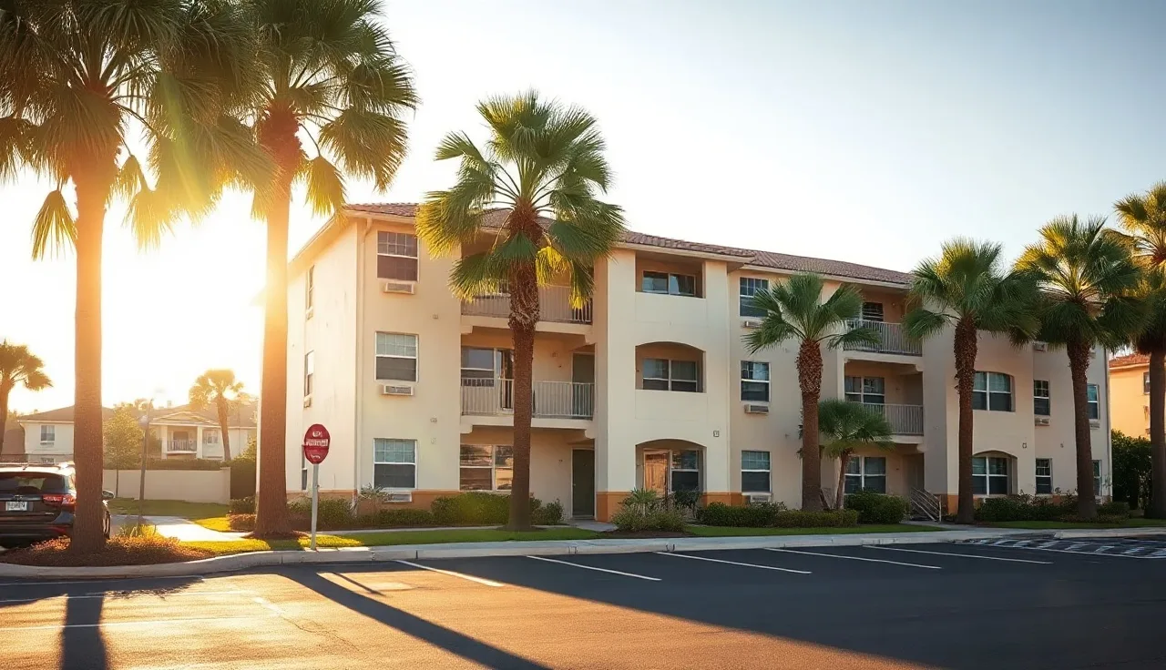 Pastel stucco apartment building in Port St. Lucie under clear morning sky