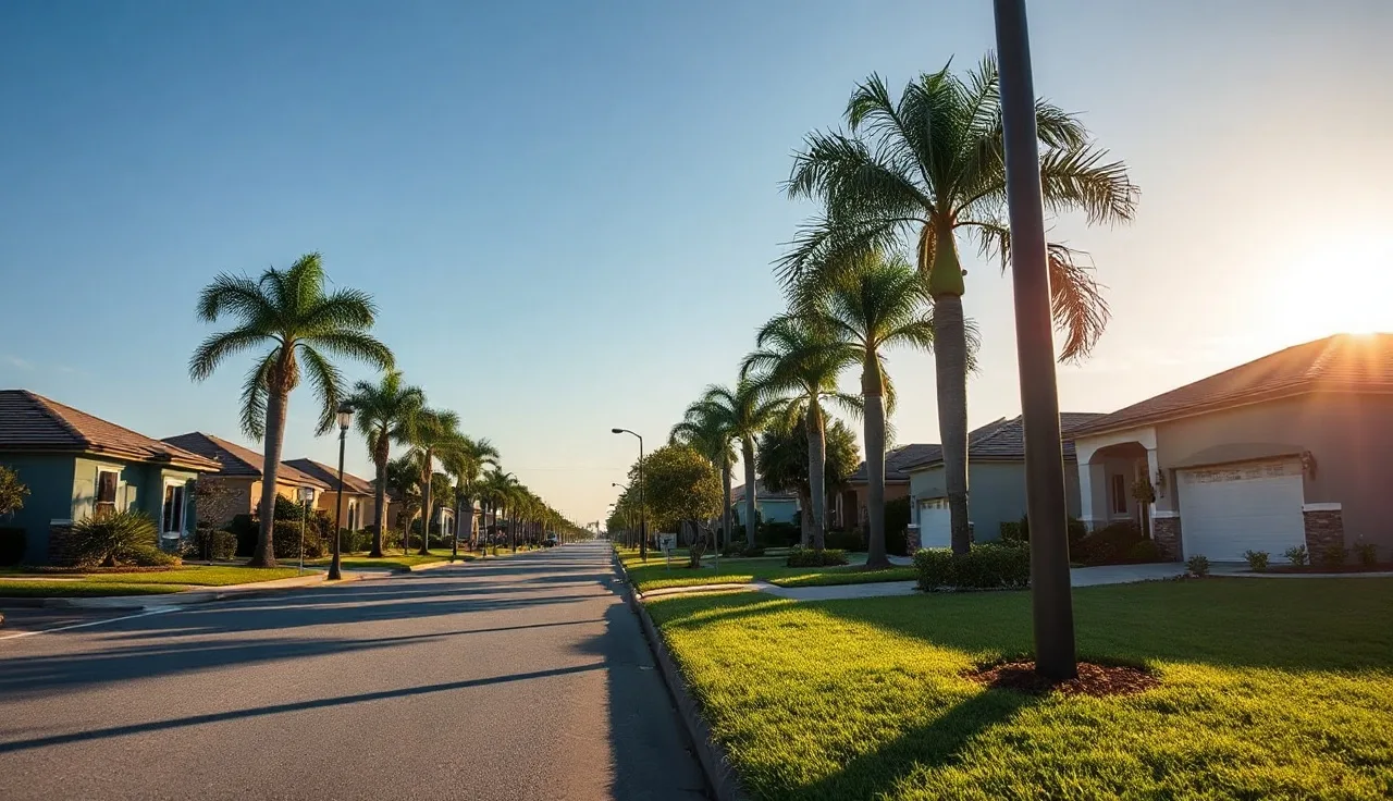 Residential street in Port Saint Lucie Florida with palm trees and homes