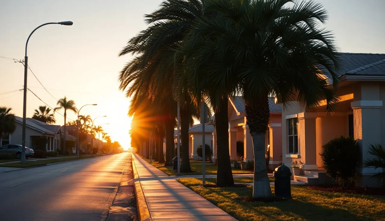 Suburban Port St. Lucie street with stucco homes and palm trees at golden hour