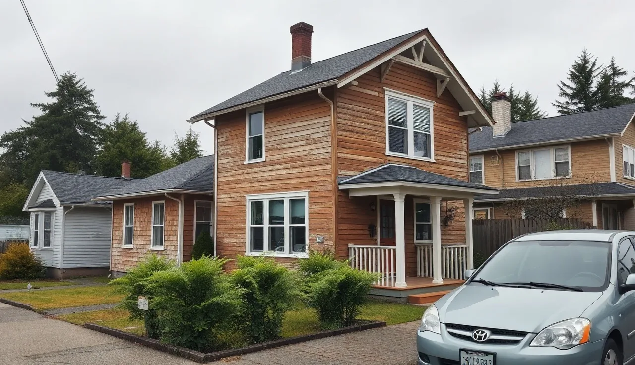 Victorian-era wooden rental home on a quiet Port Townsend street on an overcast morning