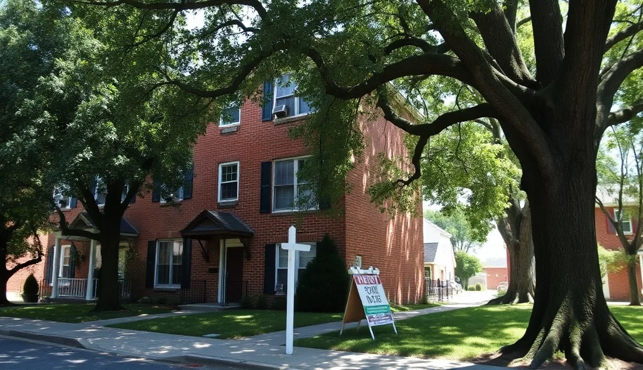 Brick rowhouse on a suburban Maryland street with a for-rent sign on the porch