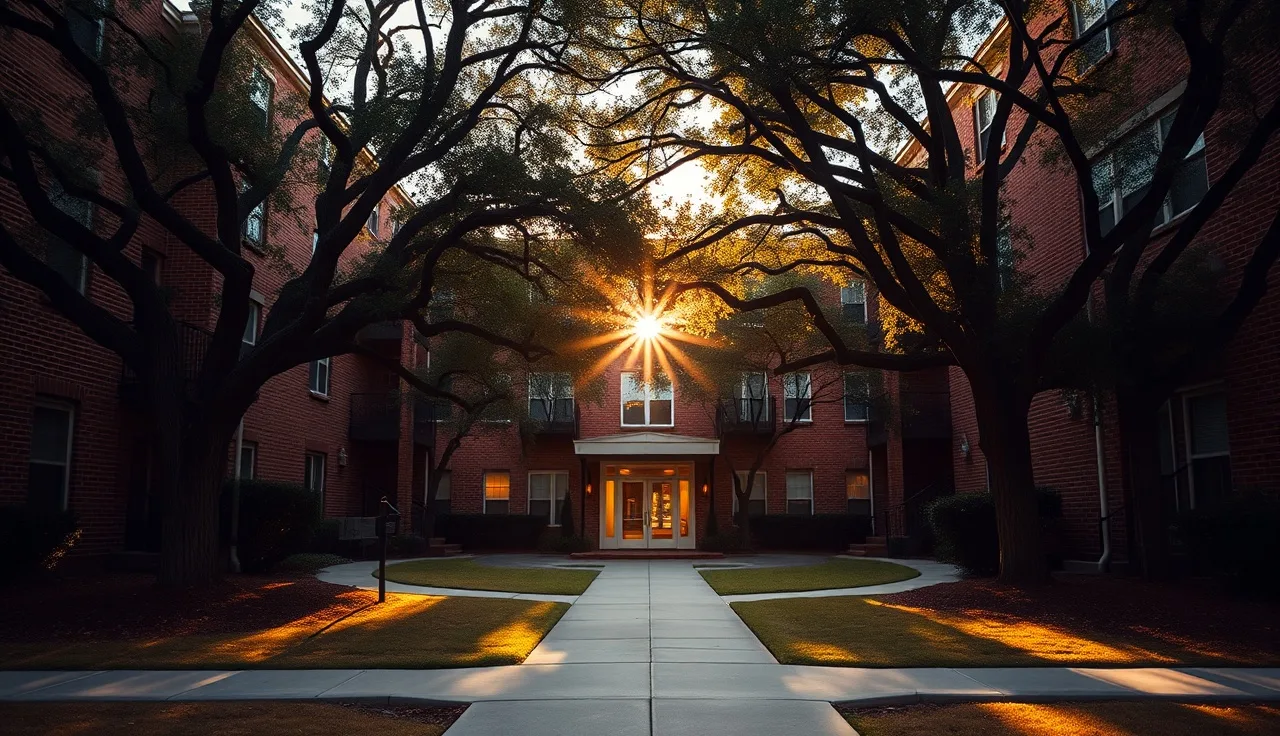 Brick apartment building in a Raleigh residential neighborhood under afternoon light