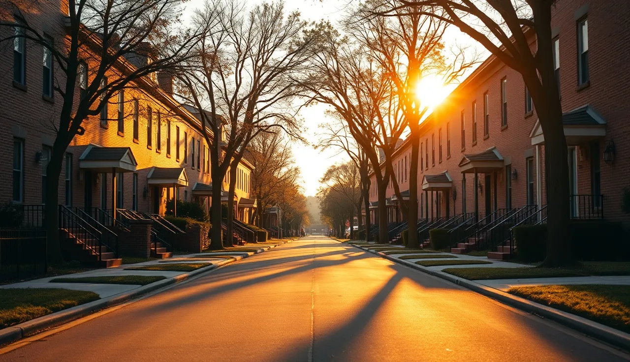 Quiet Atlanta residential street with brick rental houses at golden hour