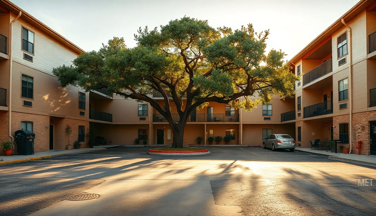Apartment complex courtyard in Austin Texas in golden afternoon light