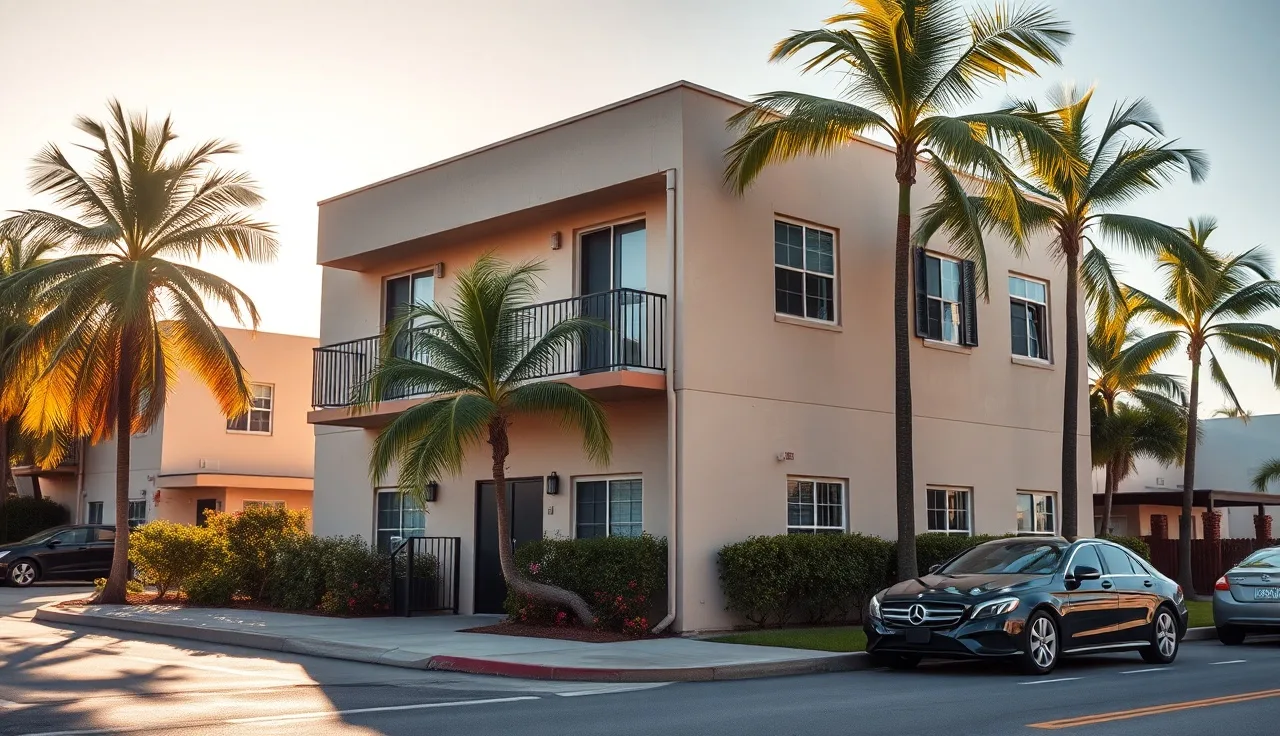 Apartment building exterior in a Broward County neighborhood on a sunny morning