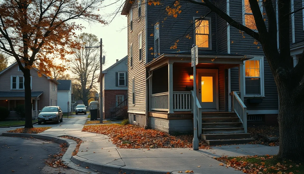 Older wood-frame rowhouse on a Buffalo residential street in autumn afternoon light
