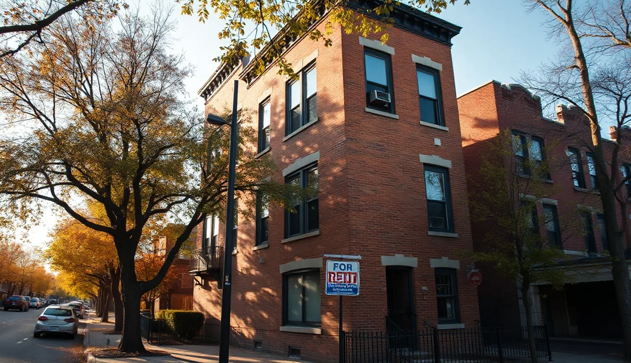 Chicago brick three-flat apartment building with a for rent sign in the window