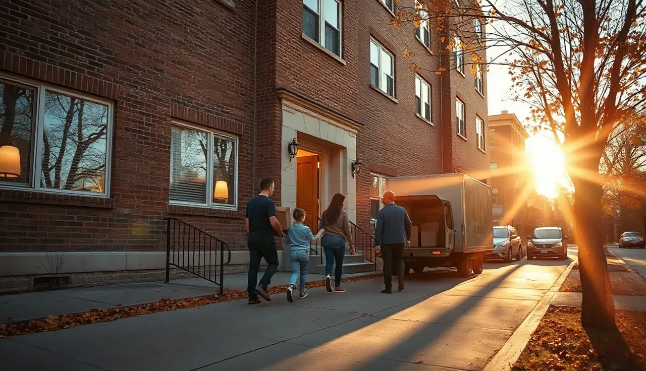 Family carrying moving boxes into a brick Denver apartment building at sunset