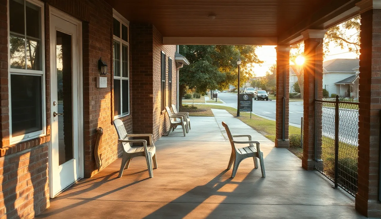 Front porch of a modest brick rental home in a Columbia SC neighborhood