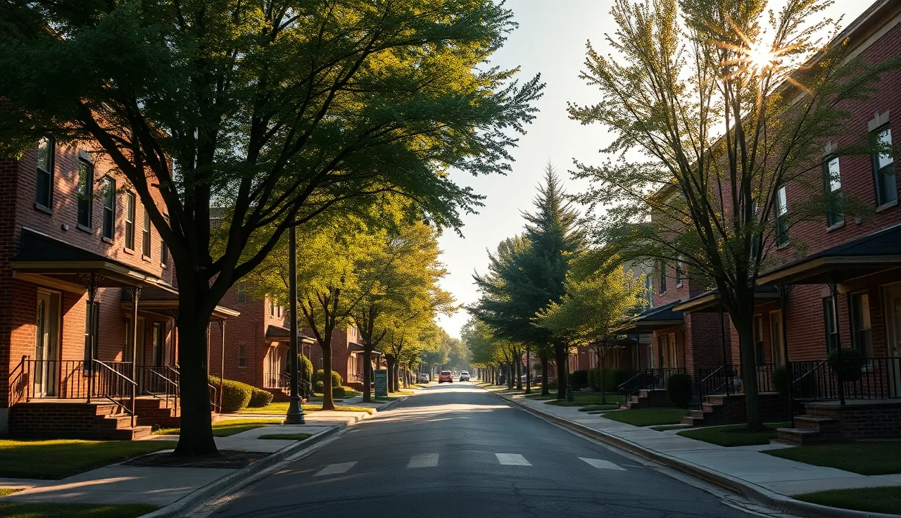 Brick rental homes on a quiet Columbus Ohio residential street in morning light