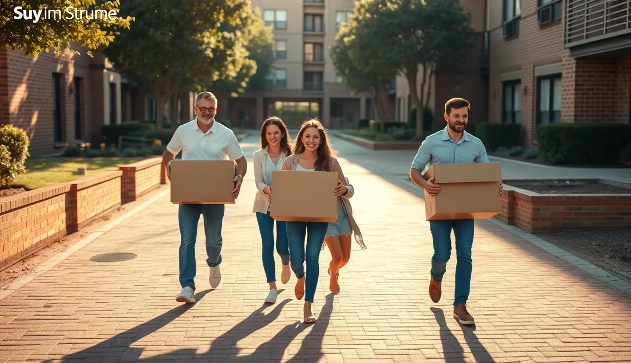 Family with moving boxes in a Dallas apartment complex courtyard at sunset