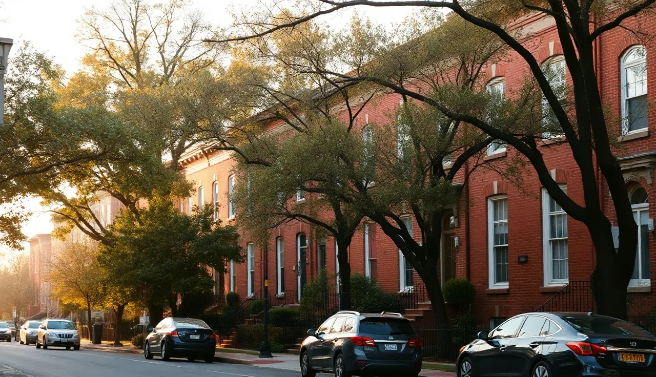 Red-brick DC townhouses on a sunny residential street with parked cars