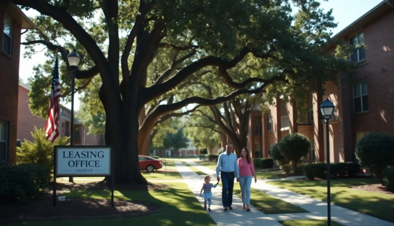 Suburban Atlanta apartment complex with families walking outside on a sunny afternoon