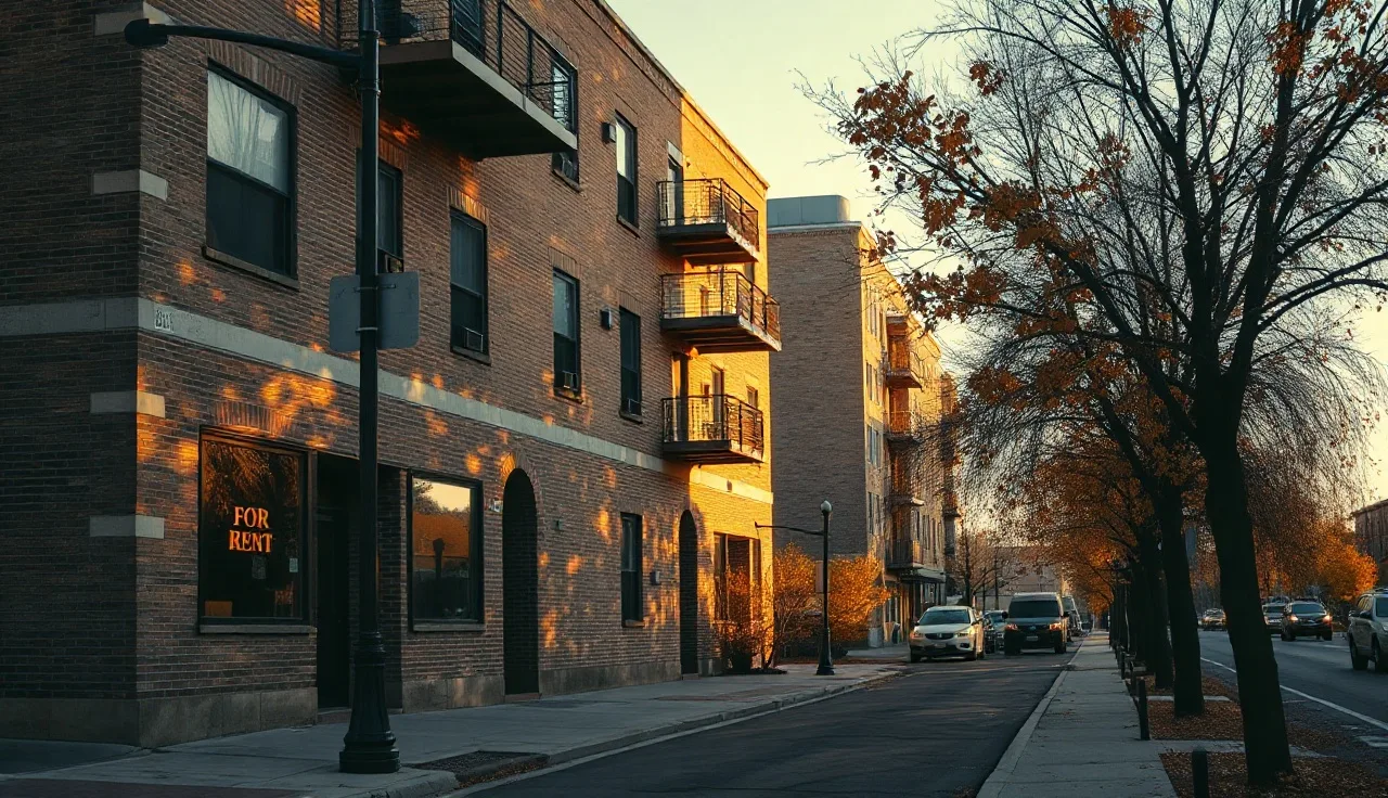 Brick apartment building on a Denver street at golden hour with a rental sign