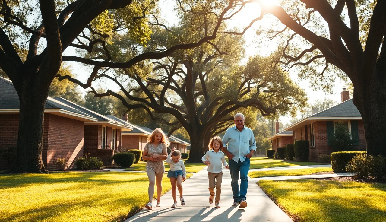 Family walking past brick homes in a Houston residential neighborhood