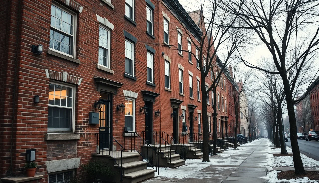 Philadelphia rowhouses on a quiet winter morning, warm light in window