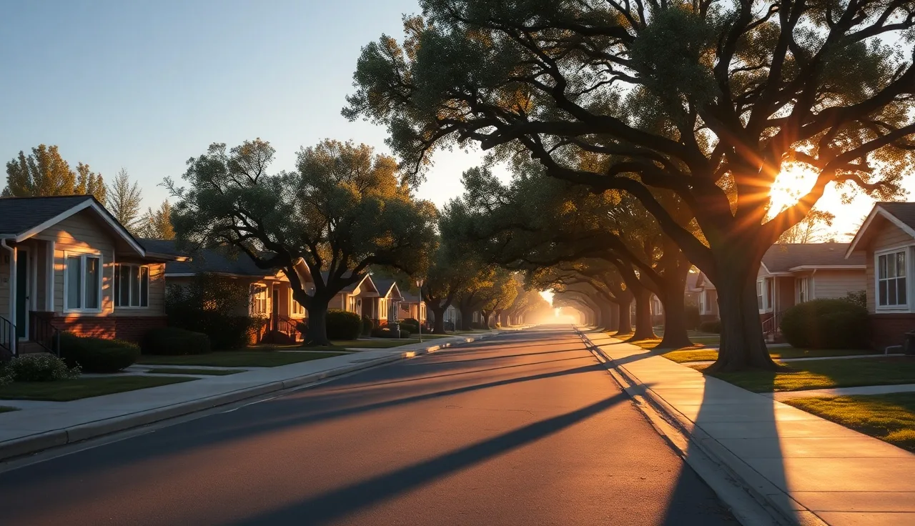 Tree-lined Sacramento residential street with single-story rental homes at dawn