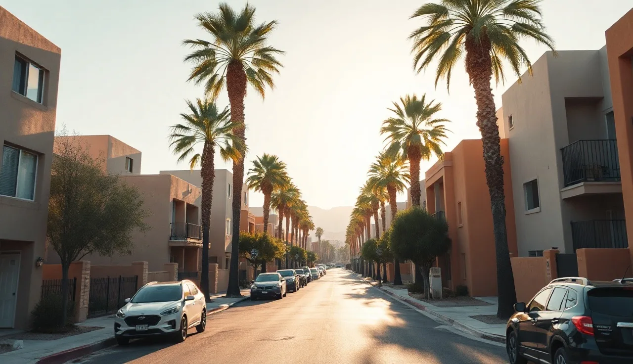 Residential apartment buildings on a quiet Las Vegas street in afternoon light