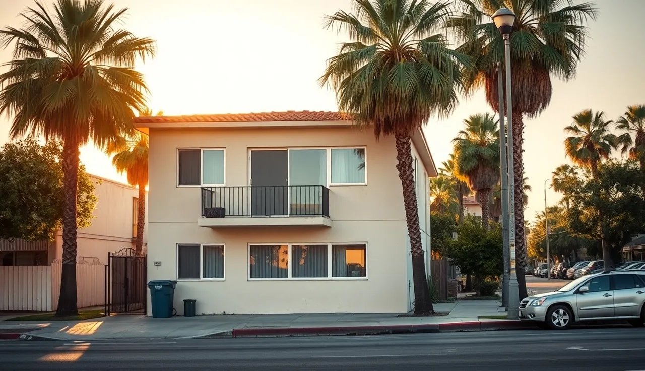 Stucco apartment building on a sunny Los Angeles residential street with palm trees