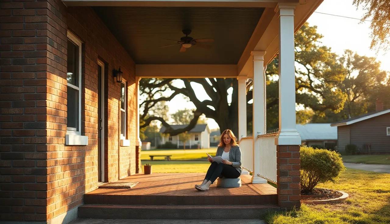 Woman reviewing housing paperwork on porch of brick Memphis rental home
