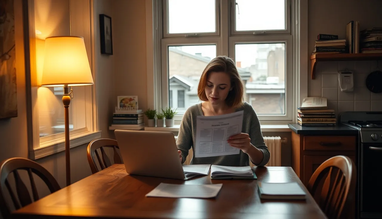 Woman reviewing rental assistance paperwork at a kitchen table in a New Jersey apartment