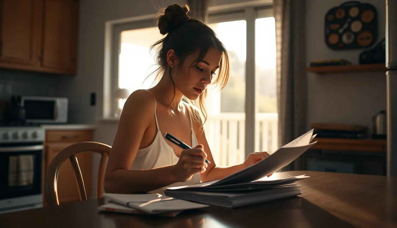 Woman reviewing rental assistance paperwork at a sunlit kitchen table in Orlando apartment