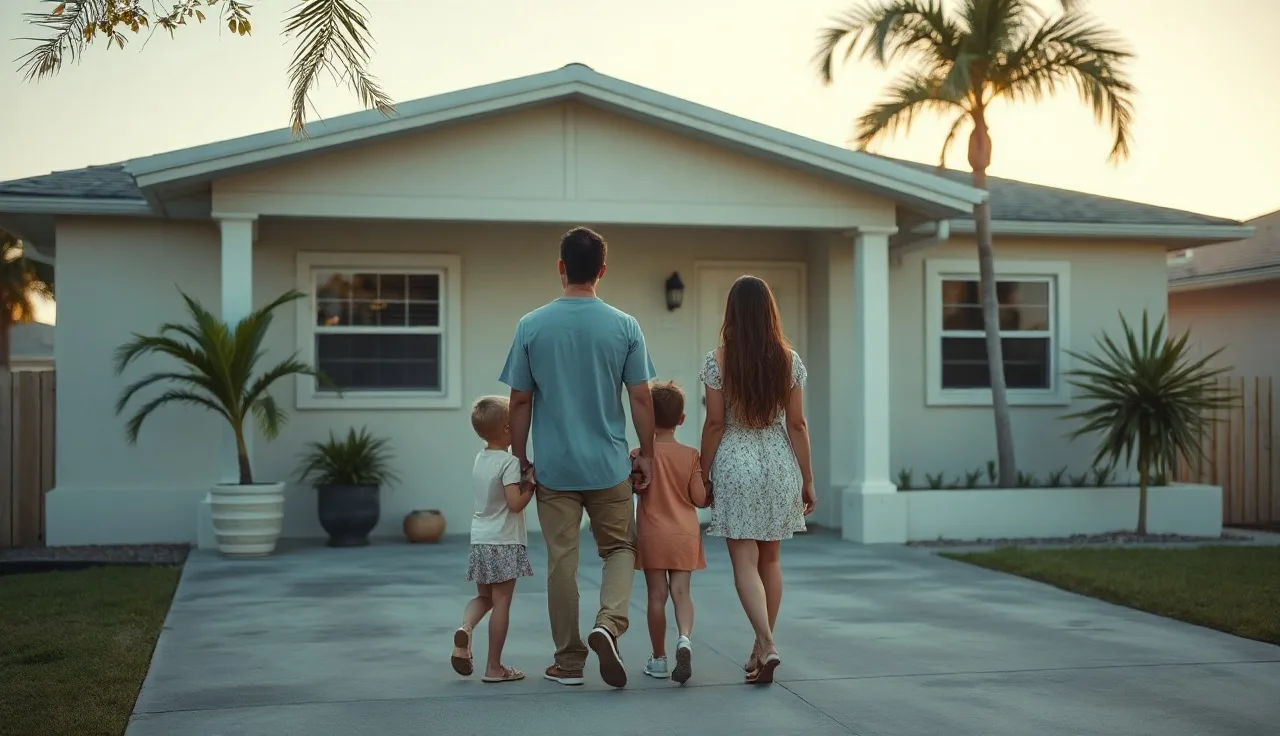 Family standing outside a single-story Florida home seeking rental assistance