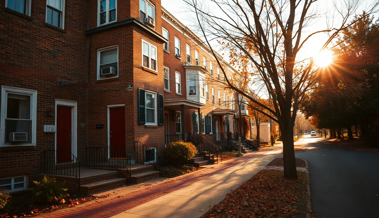 Philadelphia rowhouses on a quiet street in early morning light