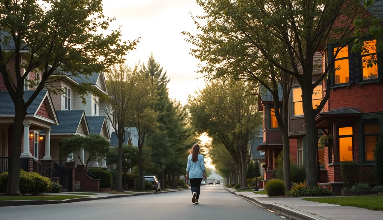 Woman approaching brick apartment building on a Portland residential street at dusk
