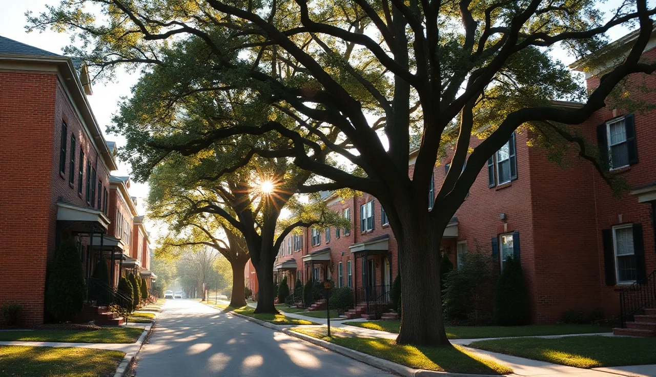 Red-brick Richmond Virginia townhouses on a tree-lined residential street at golden hour