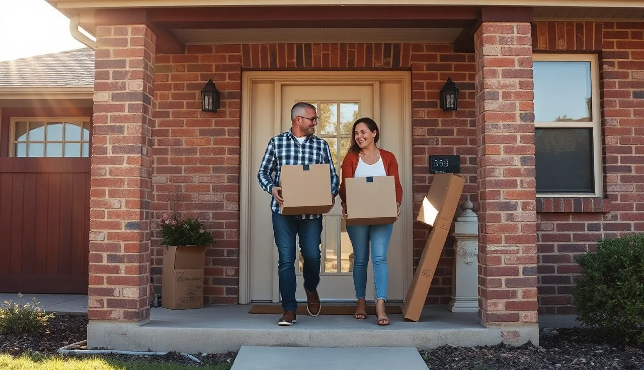 Family moving into a modest brick rental home in San Antonio with boxes