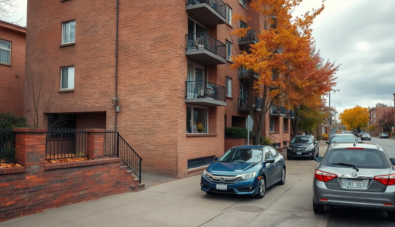 Brick apartment building on a Seattle street in afternoon autumn light