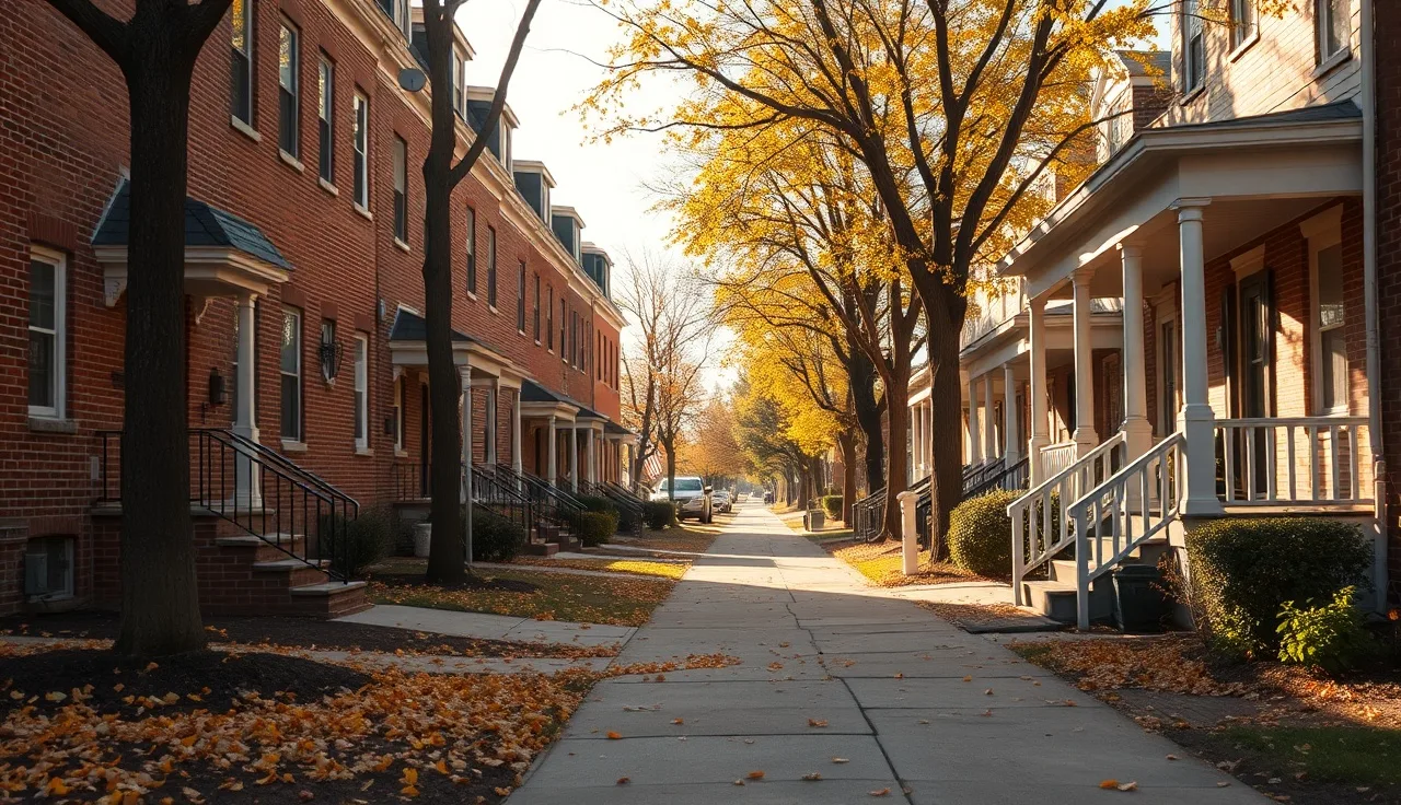 Brick row houses on a residential street in St. Louis with afternoon sunlight