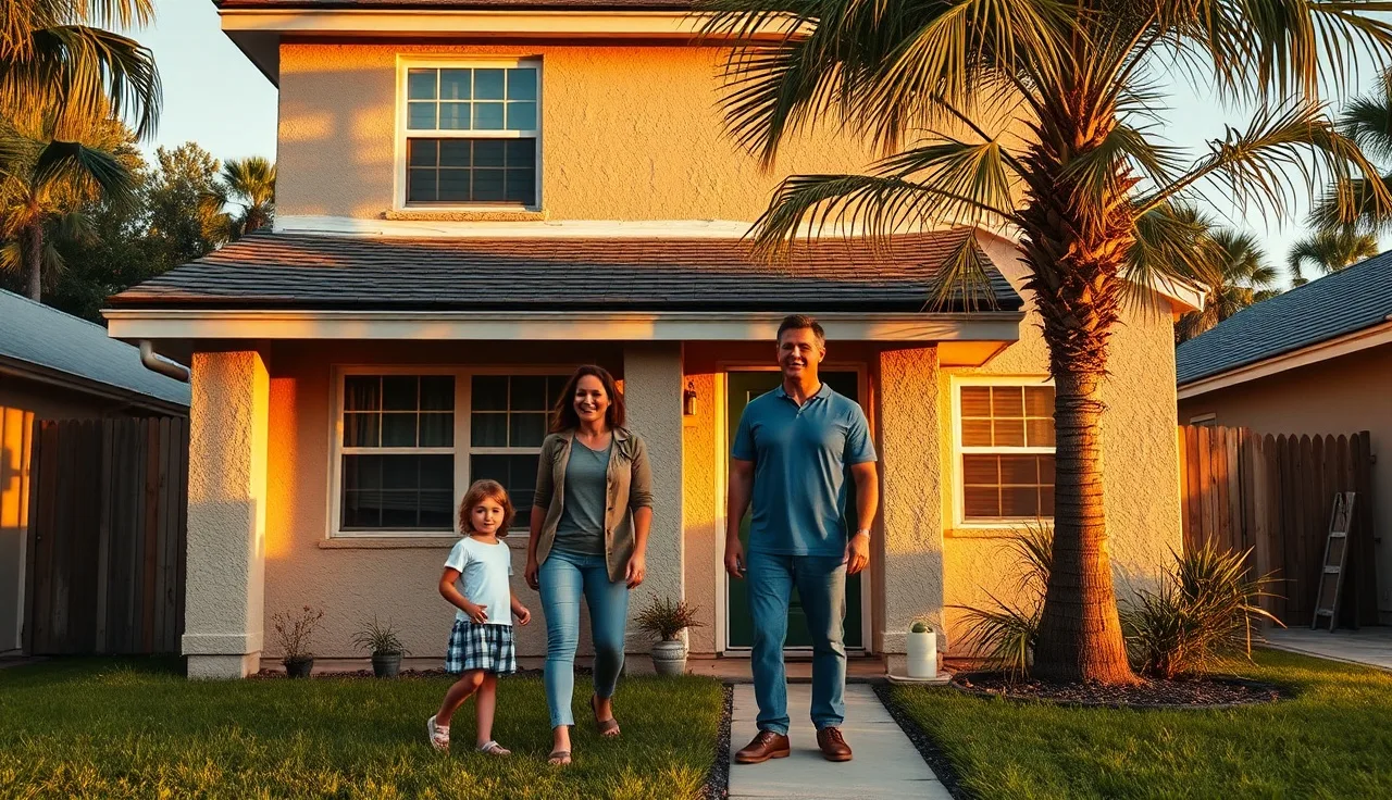 Family outside a modest rental home in Tampa neighborhood at golden hour