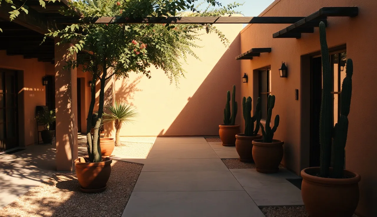Sunlit adobe apartment courtyard with desert plants in Tucson Arizona