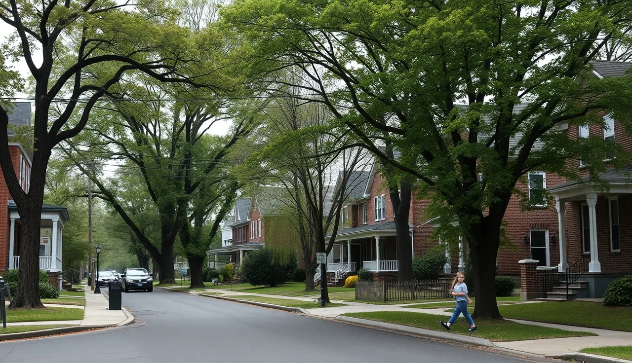 Brick row houses on a residential street in Rochester New York