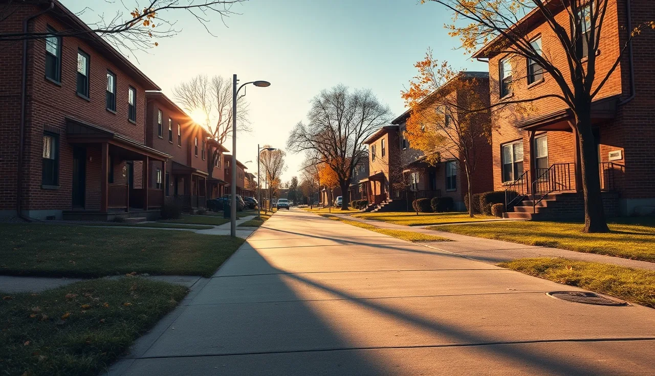 Quiet Rockford Illinois residential street with brick rental homes on an autumn afternoon