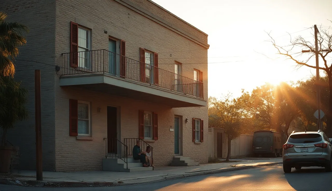 Limestone apartment building in San Antonio neighborhood with family on front steps