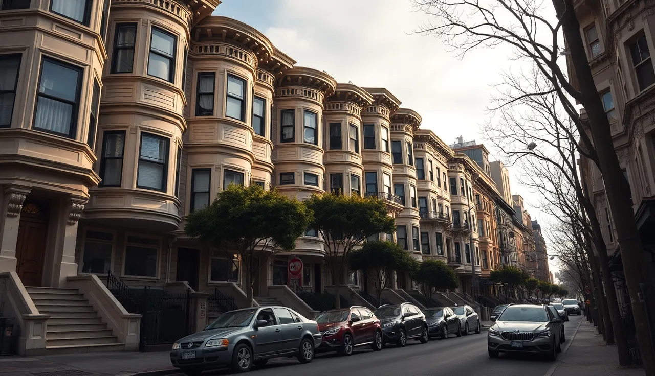 Row of San Francisco Victorian apartments on a residential street in afternoon light