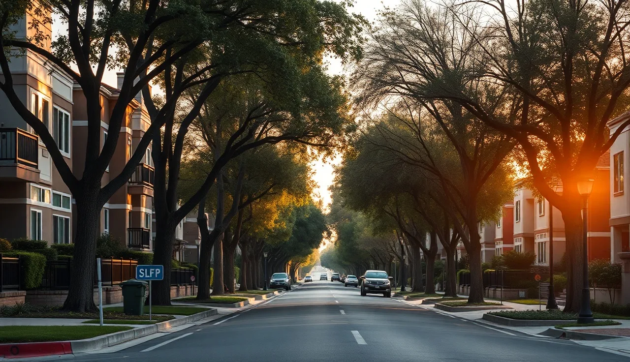 Quiet suburban apartment street in Santa Clara County at golden hour