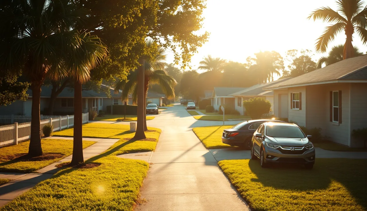 Quiet residential street in Sarasota Florida with modest single-story homes