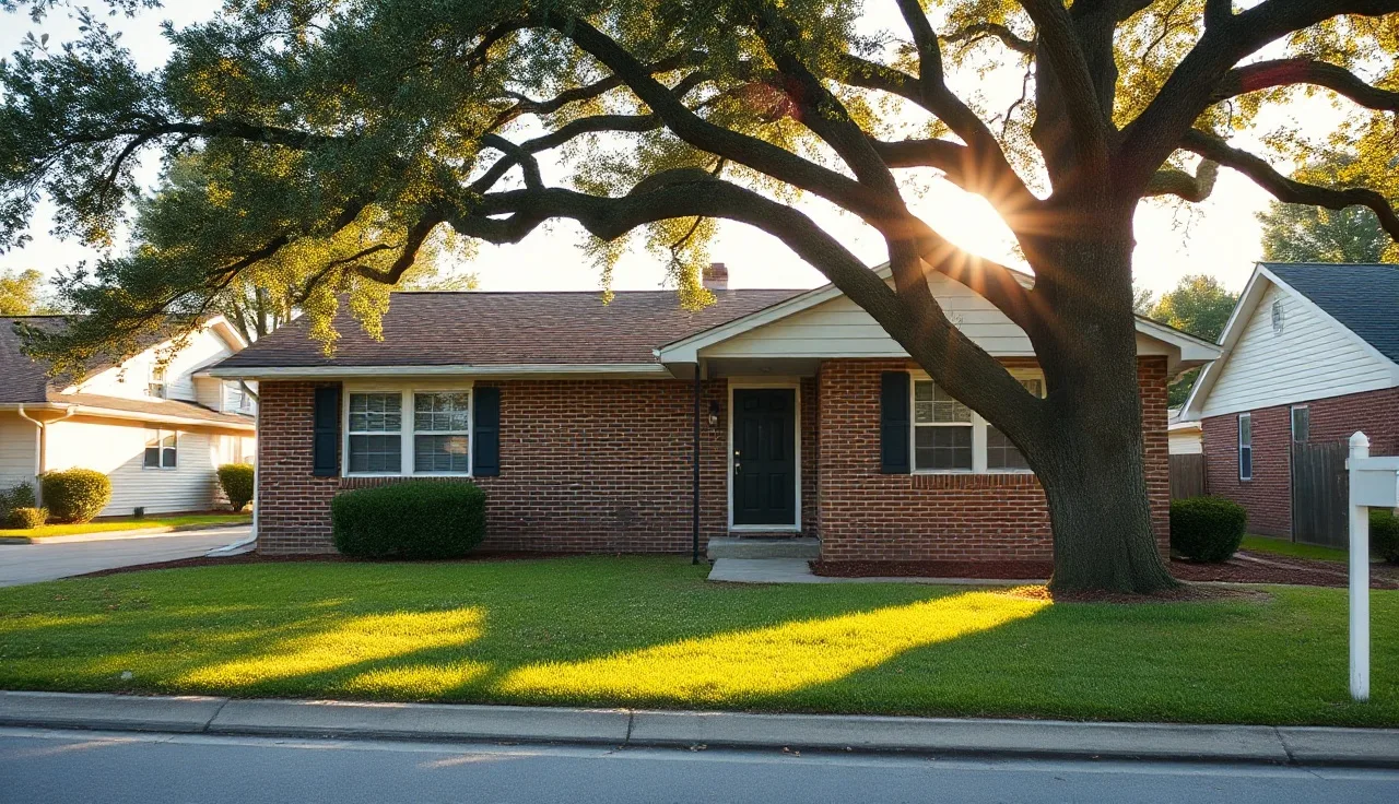 Brick rental home on a residential street in South Carolina afternoon light