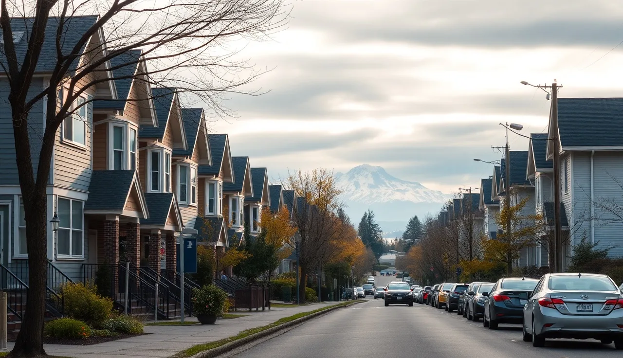 Quiet Seattle residential street with craftsman apartment buildings in afternoon light