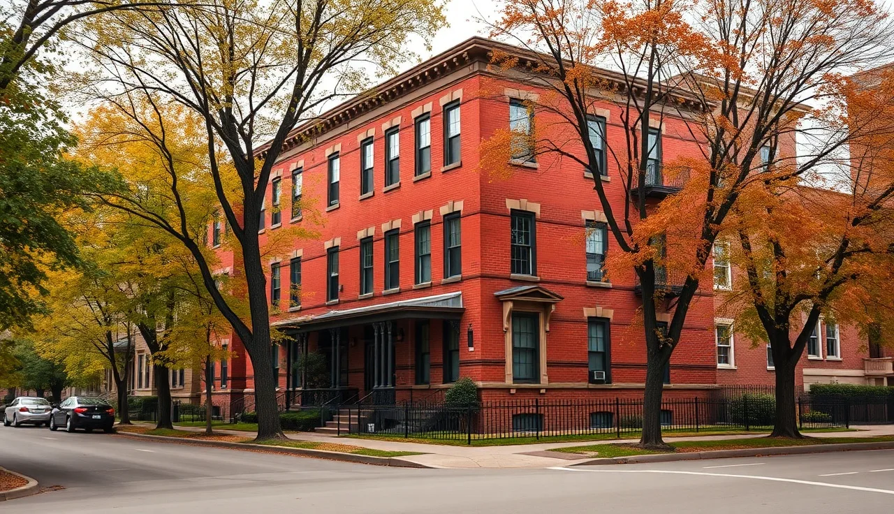 Chicago brick three-flat apartment building on a quiet residential street in autumn