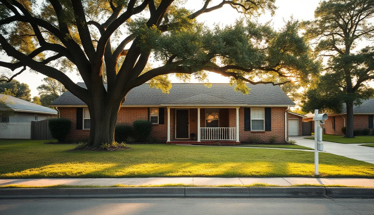Brick ranch house on a quiet Port Arthur Texas residential street at golden hour