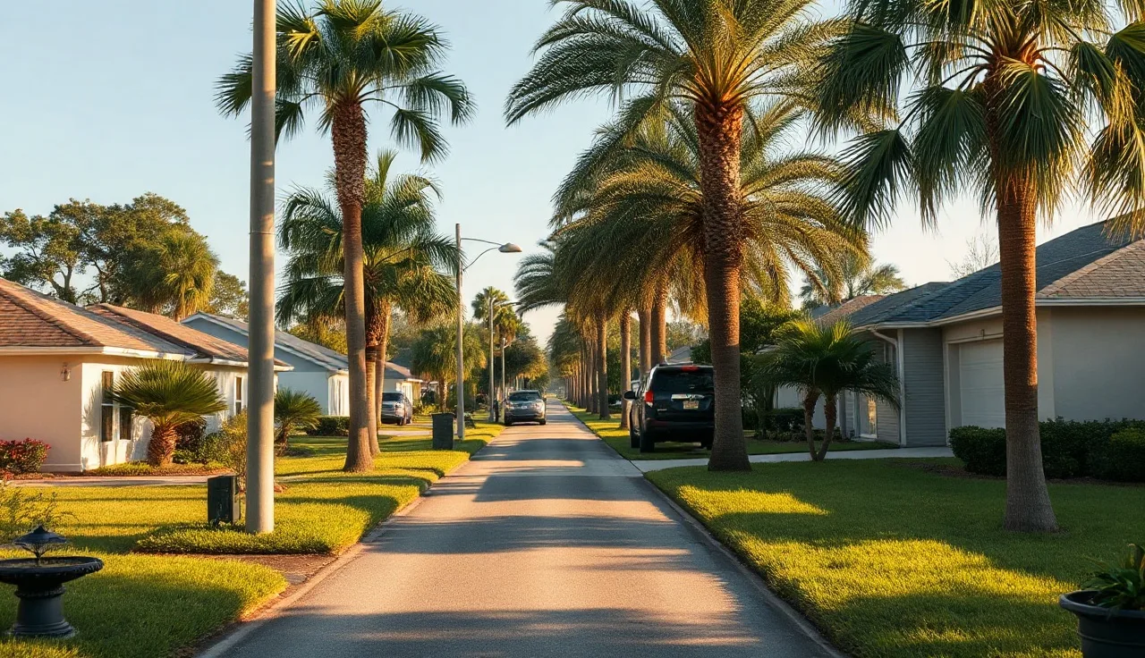 Suburban Port Orange Florida neighborhood street with single-family homes and palm trees