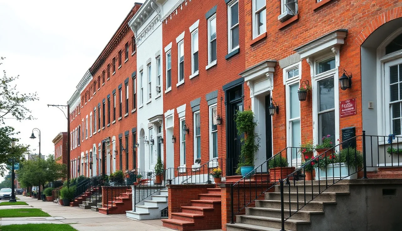 Baltimore brick rowhomes on a quiet residential street in morning light