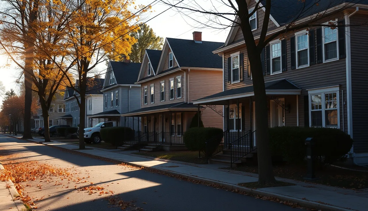 Row of New England rental houses on a quiet Connecticut residential street in autumn
