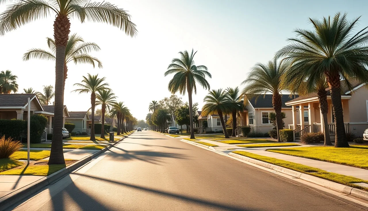 Residential street with modest homes and palm trees in Fresno California